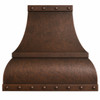 Hammered curved apron copper range hood front view with dark coffee patina and riveted bands on white background