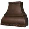 Hammered curved apron copper range hood side view with dark coffee patina, riveted bands, and hammered texture on white background