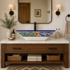 Koi fish talavera vessel rectangular sink above countertop in a bathroom vanity with natural light and warm tones