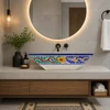 Koi fish talavera vessel rectangular sink above countertop in a modern bathroom with clean lines and neutral palette