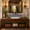 Koi fish talavera vessel rectangular sink above countertop in a hacienda interior with wood beams and earthy finishes