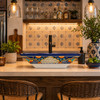 Navy floral talavera vessel rectangular sink above countertop in a kitchen bar adding bold artisan focal detail