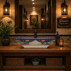 Navy floral talavera vessel rectangular sink above countertop in a restaurant restroom with decorative ambiance