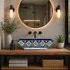 Talavera vessel rectangular sink above countertop Mexican bathroom in modern bathroom with clean lines and soft neutral tones
