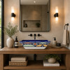 Talavera vessel rectangular sink above countertop lattice floral in modern bathroom with clean lines and neutral palette