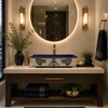 Talavera vessel rectangular sink above countertop floral heritage design in modern luxury bathroom
