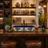 Talavera vessel rectangular sink above countertop floral heritage design in kitchen bar setting