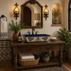 Talavera vessel rectangular sink above countertop floral heritage design in Spanish vanity bathroom