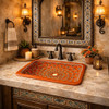 Rectangular talavera bathroom sink terracotta floral design handmade in stylish powder room with artisan details