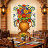 Talavera flower vase tile mural with white doves decorative wall feature inside Mexican style restaurant dining space