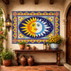 Talavera sun moon celestial mexican tile mural displayed in a house entry with warm Mediterranean character