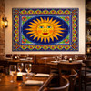 Talavera sun mexican tile mural wall art featured on a restaurant wall creating a vibrant handcrafted statement