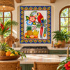 Talavera parrot tropical fruit tile mural in a tropical kitchen with colorful ceramic accents.