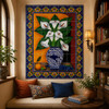 Talavera tile mural with calla lilies in a reading nook with wood seating, books, and textiles.