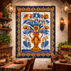 Talavera birds and floral vase mural featured on restaurant wall with traditional Mexican décor