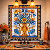 Talavera birds and floral vase mural above bathroom vanity in colorful Spanish style interior