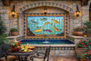 Underwater fish mexican talavera tile mural integrated into Spanish Revival architecture with bold decorative impact