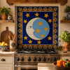 Moon and stars talavera tile mural displayed on a bright kitchen backsplash with natural light