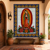 Mexican tile mural of our lady of guadalupe welcoming guests in mission-style entry.