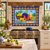 Talavera tile mural with fruit & fish in a gourmet kitchen with handcrafted accents.