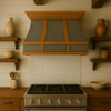 Zinc range hood contemporary  in farmhouse interior.
