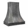 Side view of a dark zinc range hood with riveted vertical strap seams, highlighting its tall architectural bell silhouette