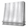Natural zinc range hood with five riveted straps and double apron shown from an angled view