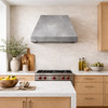 Angled view of a minimalist smooth zinc range hood with tapered silhouette in a contemporary European kitchen