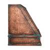 Hand-hammered copper range hood detail with vertical straps, apron, Santa Clara del Cobre patina