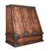 Under-cabinet copper hood with vertical straps, apron band, smooth hammered apron, oxidized accents