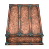 Sloping front under-cabinet copper range hood with vertical straps, apron, soft hammered, oxidized patina