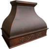Copper range hood with apron scroll shown side view, smooth canopy with decorative band and tapered profile