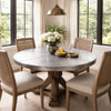 Round zinc tabletop in a transitional style dining room
