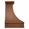 Side profile of wall-mount hammered copper bell range hood with antique patina and flared canopy
