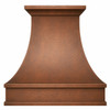 Wall-mount hand-hammered copper bell range hood with antique patina, tiered crown and framed apron