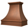 Wall-mount hammered copper bell range hood with antique patina, flared canopy, crown and framed apron