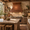 Wall-mount antique hammered copper bell range hood in a rustic kitchen with reclaimed wood and stone