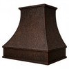 Angled view dark coffee hand hammered copper bell range hood wall mount crown molding