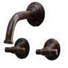 Wall mount brass faucet with T-handles and rustic finish for a kitchen or bathroom