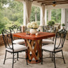 Square equipal table with pigskin leather top in a covered veranda