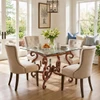 Wrought iron table base with ornate scrolls with glass top in a bright breakfast nook