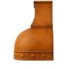 Dome shape copper range hood side view, rounded hammered canopy with warm patina and curved profile silhouette