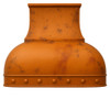 Dome shape copper range hood front view, rounded hammered canopy with warm patina and smooth curved silhouette