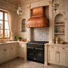 Venetian style kitchen with Murano chandelier and terrazzo floor, dome bell copper range hood with curved chimney