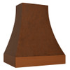 Copper range hood with smooth apron angled view, hammered canopy with warm patina and clean lower band detailing
