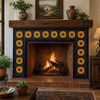 Sunflower mexican relief tile adorning the face of a traditional fireplace surround