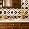 Mexican talavera cobalt floral relief tile used on bathroom vanity wall highlighting sculpted relief