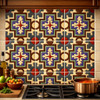 Mexican relief tile with cross star design installed as a kitchen backsplash creating bold architectural focus