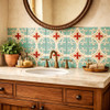 Mexican cross medallion talavera relief tile used on a bathroom vanity wall adding depth warmth and handmade character