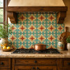 Mexican cross medallion talavera relief tile installed on a kitchen backsplash highlighting bold color and strong relief